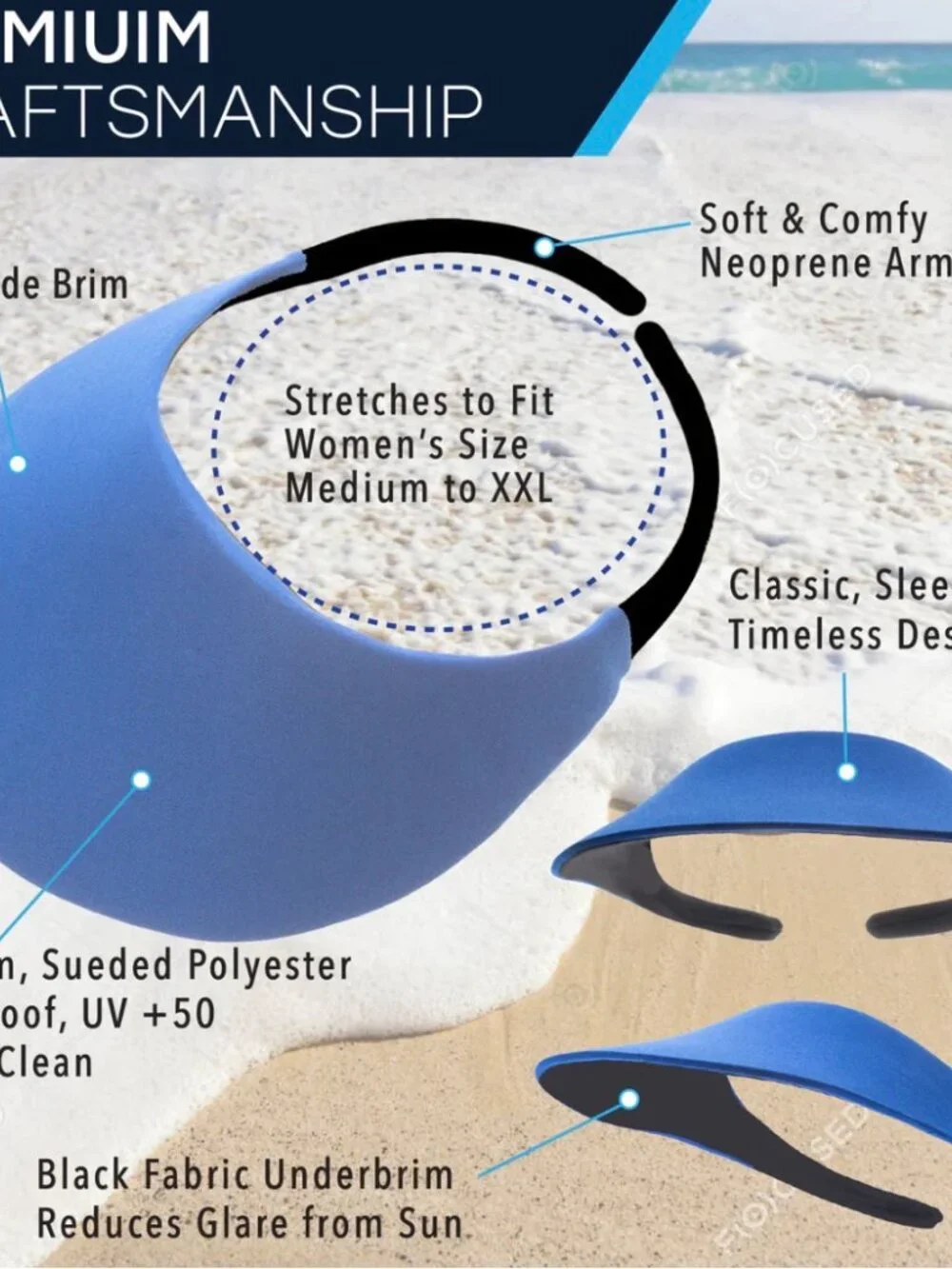 Sun Visors: No Headache Original Round Brim Black & Turquoise Blue - UPF 50 - Picture 9 of 12